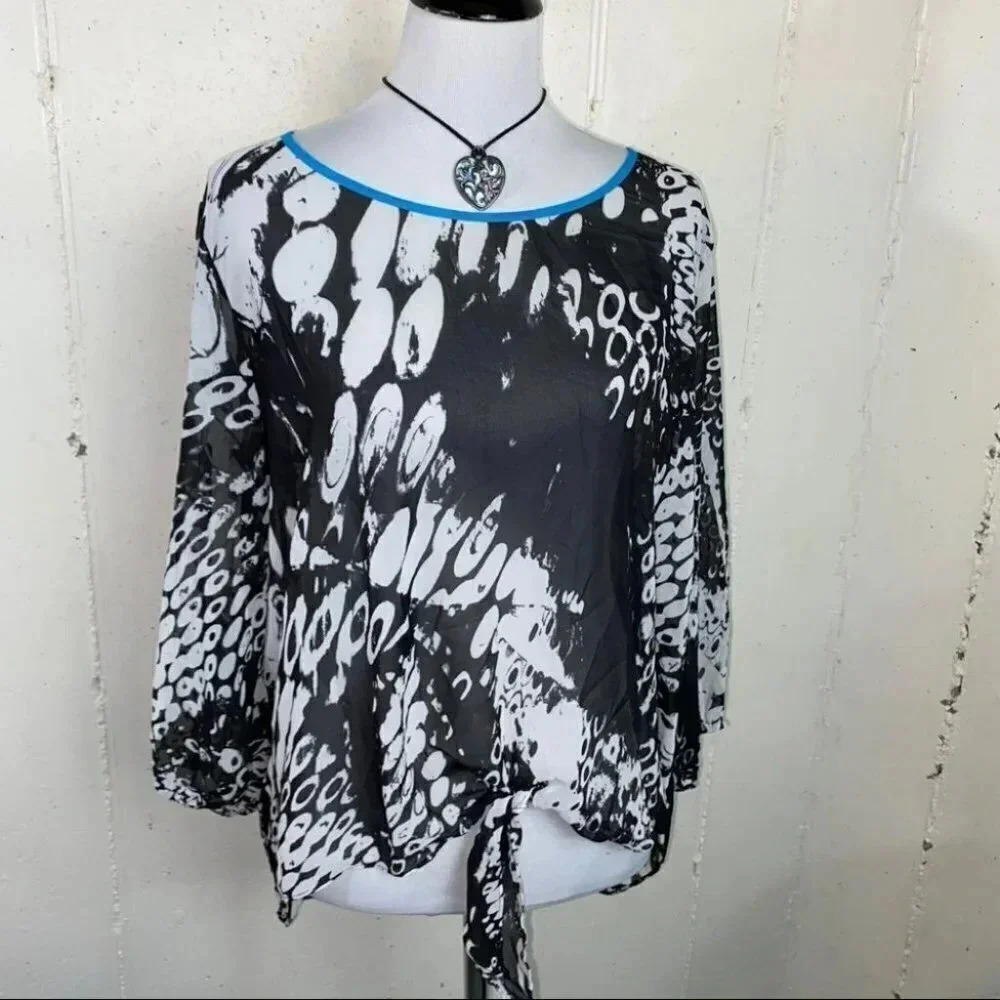 ANA XL white/black/blue trim front tie sheer tunic